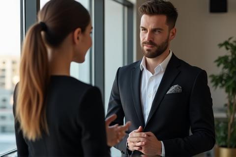 Stylist advising a client on business attire